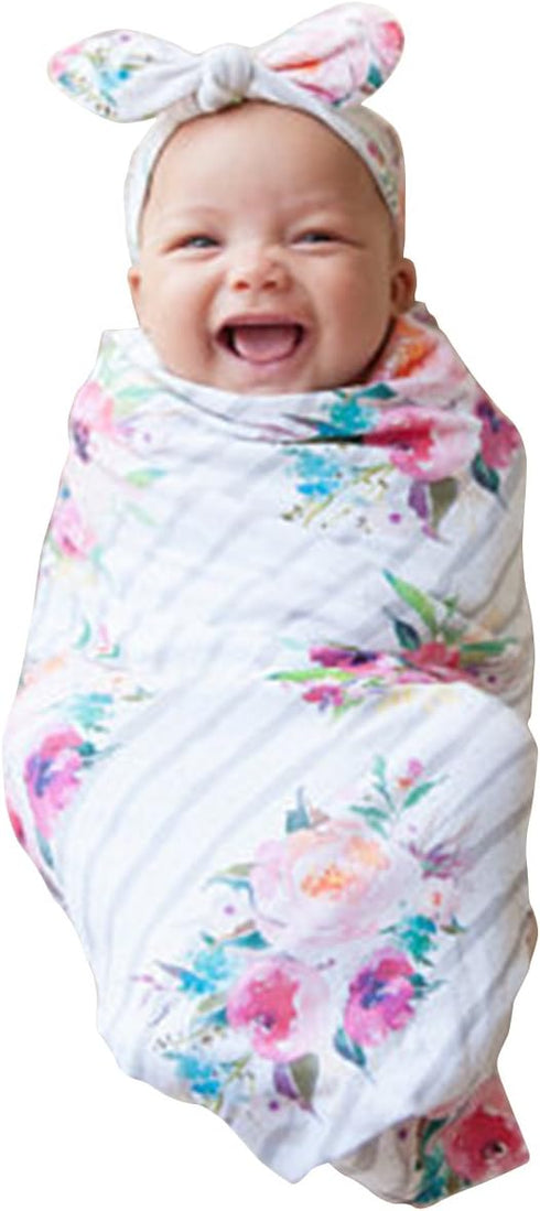 Newborn Girls Receiving Blanket Headband Set Flower Baby Swaddle Blankets Infant Warm … (0-6 Months, Striped)...