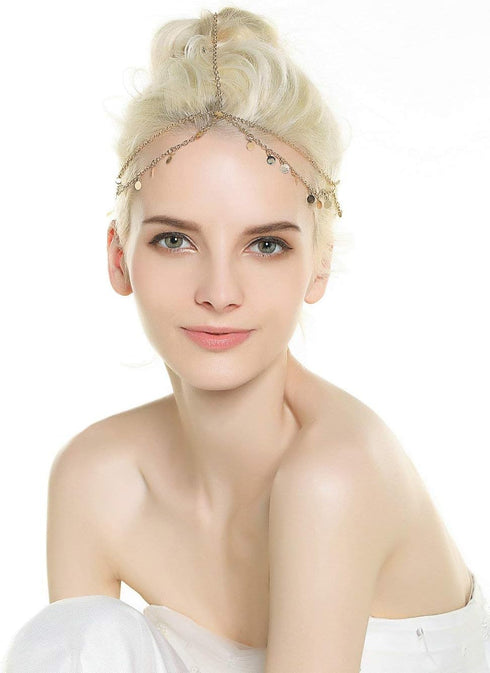 Aukmla Gold Sequins Head Chain Jewelry Festival Halloween Prom Costume Hair Accessories Fashion Headbands Headpieces for Women and Girls...
