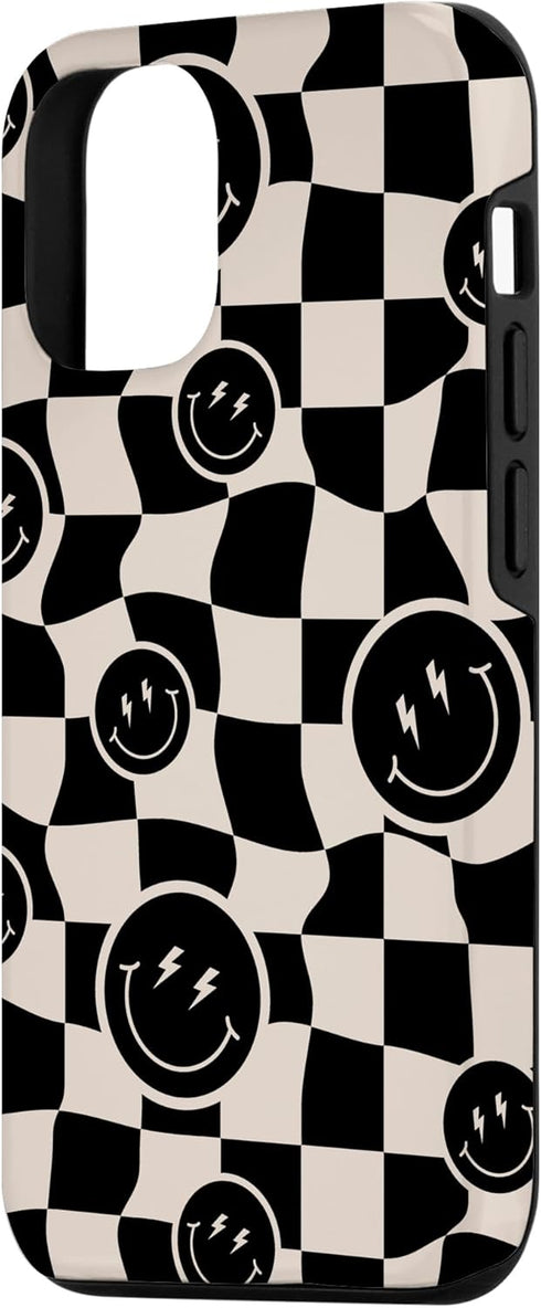 iPhone 15 Cute Retro Twisted Swirl Black Happy Smiling Face Checkered Case...
