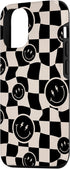 iPhone 15 Cute Retro Twisted Swirl Black Happy Smiling Face Checkered Case...