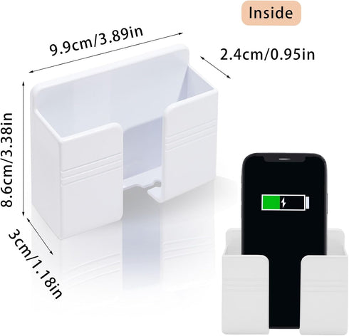 2 Pcs Wall Mount Phone Holder with 3M Adhesive Phone Stand with Data Cable Receiving Hole, Phone Charger Stand Remote Control Storage Box for Bedr...