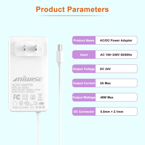 Power Supply Adapter DC24 2A 48W AC to DC Converter Transformer 100-240V AC Input,forfor COB LED Strip, CCTV Camera,White,2.1mm X 5.5mm US Plug...