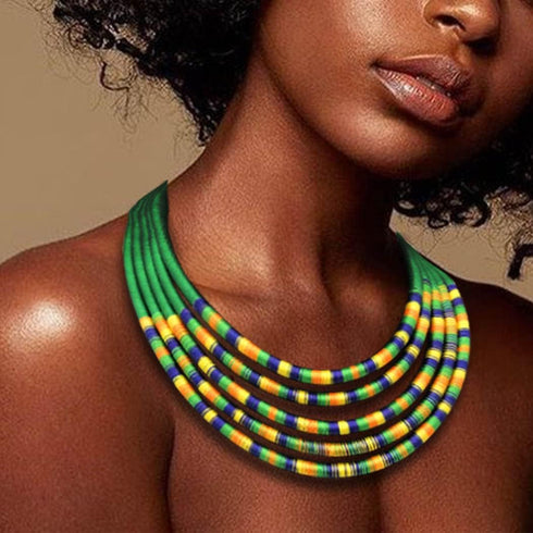 African Necklace Earrings Set Multilayer Woven Rope Choker Layered Strand Collar Statement Jewelry Accessories for Women and Girls...