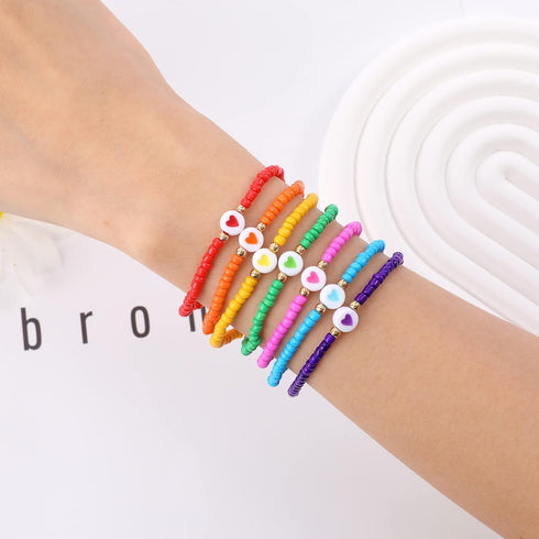 Colorful Beaded Bracelets for Women Glass Seed Beads Stackable Heart Beads Rainbow Stretch Friendship Bracelets Elastic Heishi Surfer Bracelets Se...