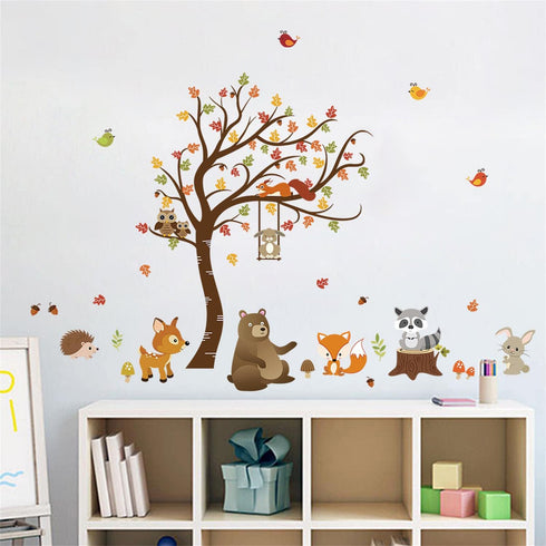 decalmile Forest Animals Tree Wall Decal Fox Deer Fall Leaves Wall Stickers Baby Nursery Kids Bedroom Classroom Wall Decor (H: 31 Inches...