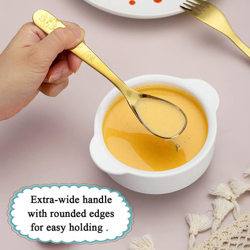 Berglander Gold Toddler Utensils 4 Pieces Golden Titanium Plating Kids Silverware Set, Children Safe Forks and Spoons Flatware, Mirror Polished Sm...