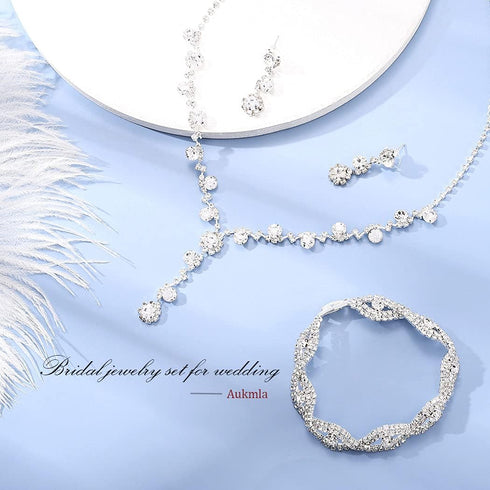 Aukmla Rhinestone Bridal Jewelry Set for Wedding Silver Crystal Bride Wedding Necklaces Sets Prom Jewelry Accessories for Women...