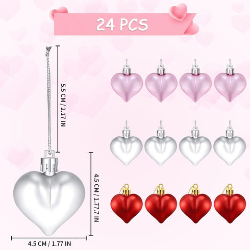 24 PCS Valentine's Heart Hanging Ornaments - Heart Shaped Tree Baubles, Plastic Decoration for Valentine's Day, Mother's Day, Wedding, Home Party ...