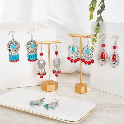 SUNNYCLUE 1 Box DIY 8 Pairs Bohemian Earrings Making Kit Tibetan Style Chandelier Charms Women Boho Earring Round Charms Leaf Charm Synthetic Turq...