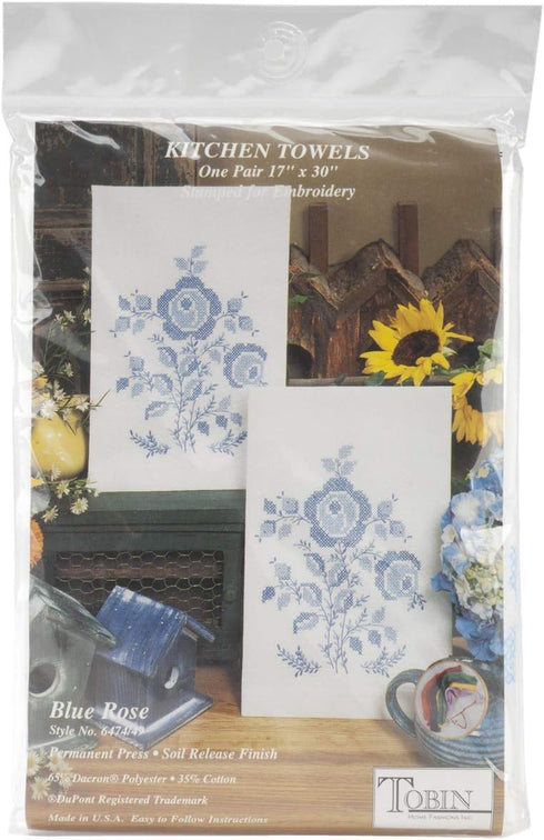 Tobin Blue Rose Stamped for Embroidery Towels 30.00" x 17.00", Small......