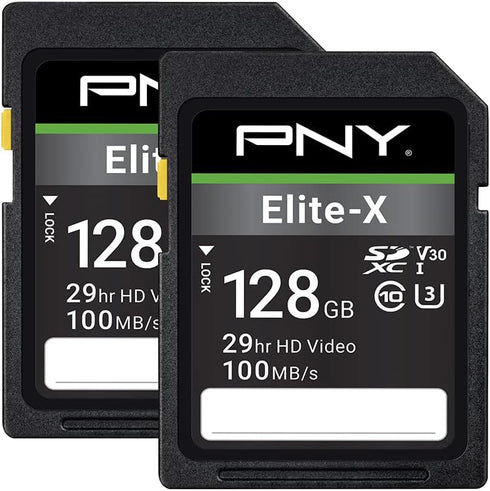 PNY 128GB Elite-X Class 10 U3 V30 SDXC Flash Memory Card 2-Pack - 100MB/s, Class 10, U3, V30, 4K UHD, Full HD, UHS-I, Full Size SD...