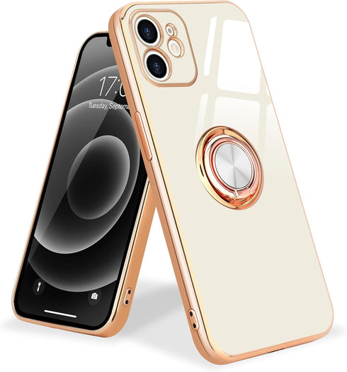 for iPhone 12 Phone Case with 360° Rotatable Finger Ring Holder Kickstand Magnetic Shiny Gold Plated Edge for Women Men Shockproof Soft TPU Protec...