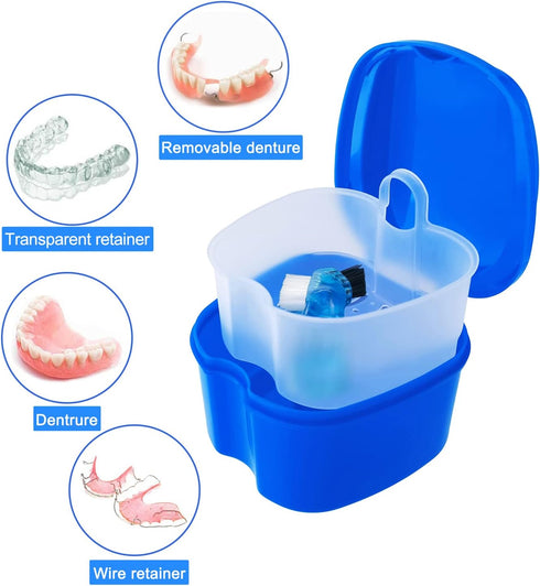 Dental Retainer Cup Holder Mouthguard Cleaning Case with Strainer Basket, Denture Bath Box Storage Cup Holder for Travel Cleaning - Dark Blue...