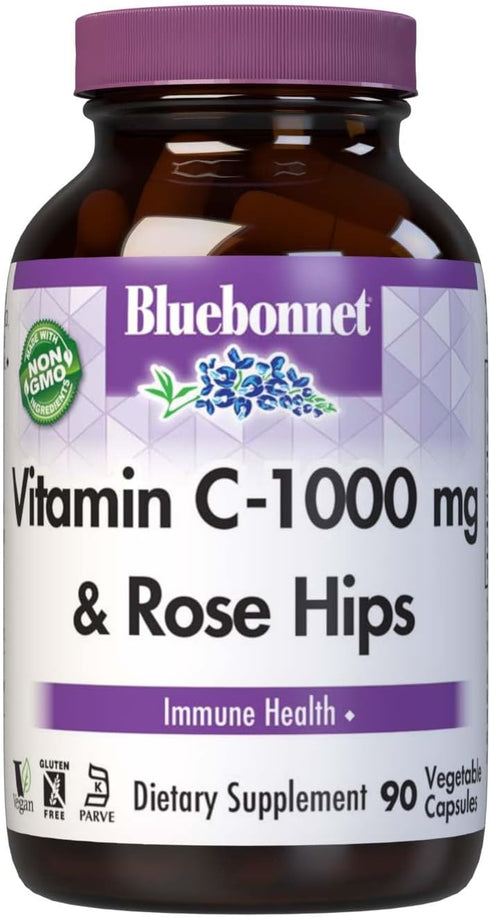 Bluebonnet Nutrition Vitamin C-1000 mg Plus Rose HIPS Vegetable Capules, for Immune Health, for Antioxidant Protection, Soy Free, Gluten Free, Non...