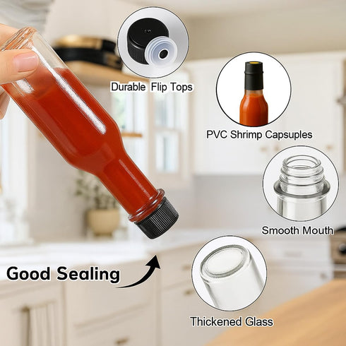 WERTIOO Hot Sauce Bottles 21-Pack 5oz Round Small Glass Bottles with Caps & Funnel - Reusable Mini Sauce Containers for Chili Oil, Vinegar, Gift F...
