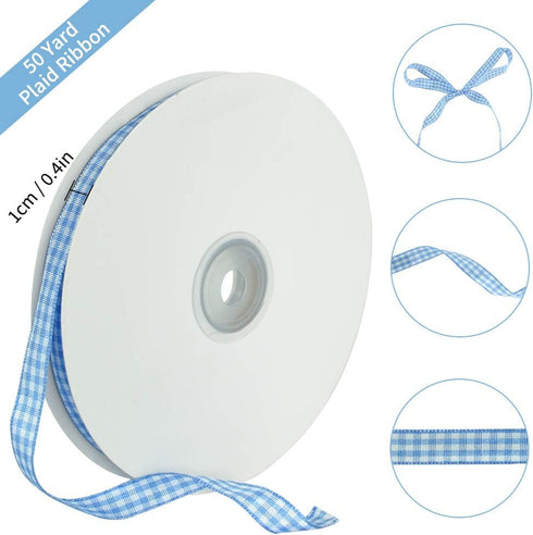 TONIFUL 3/8 Inch x 50 Yards Gingham Buffalo Checkered Ribbon Light Blue and White Fabric Ribbon for Easter Valentine's Day Gift Wrapping Baby Show...