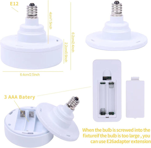 E12 Base Battery Operated Light Bulb with Remote, 2 Pack 3 AAA Battery Powered LED Light Bulbs, Dimmable Screw in Puck Light with Timer for No Har...