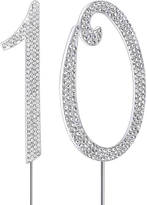 MAGJUCHE Silver 10" Crystal Cake Topper, Number 10 Rhinestones 10th Birthday Cake Topper, Boy or Girl Birthday or 10th Anniversary Party Decoratio...