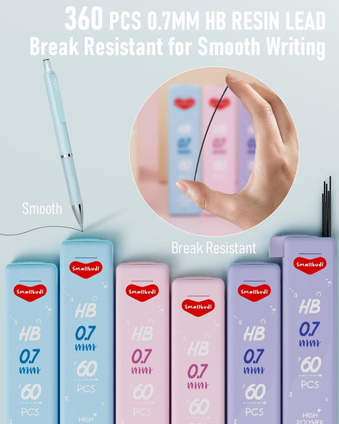 6PCS 0.7mm Mechanical Pencils Set Pastel Mechanical Pencils with 360PCS HB Lead Refills, 3 Erasers, 9 Erasers Refill Aesthetic School Supplies for...