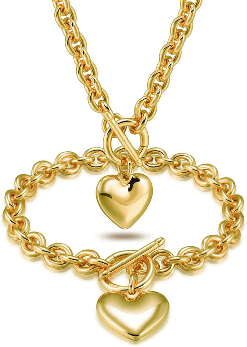 Heart Pendant Necklace and Bracelet Chain Stainless Steel Silver Drop White Jewelry Set...