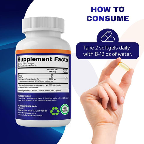 Vitamatic Black Seed Oil Capsules - 2000 mg per Serving - 120 Softgels - Colde Pressed - Contains Min 0.95% Thymoquinone - Supports Healthy Immune...