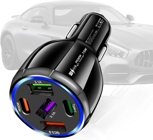 3 USB+2PD Car Charger Adapter Fast Charging,75W USB C Car Charger, 5 Port Type A Cigarette Lighter USB Charger for iPhone/Android/Samsung Galaxy S...