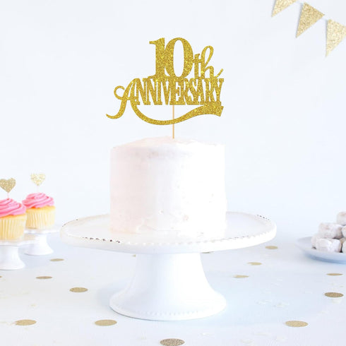 Gold Glitter 10th Anniversary Cake Topper - Happy 10th Wedding Anniversary / Birthday Party Decorations...