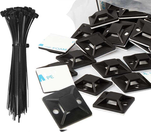Zip Tie Mounts and Zip Ties - Small Cable Tie Adhesive Mount, 3/4in black 100 Sets. Wires Zip Tie Adhesive-backed anchors perfect for Pedal Board ...