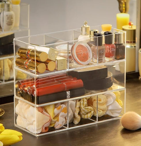 Stackable Clear Drawer Organizers Small Makeup Vanity Storage Bins Trays and Office Desk Drawer Dividers Triple Compartments 2 Pack...