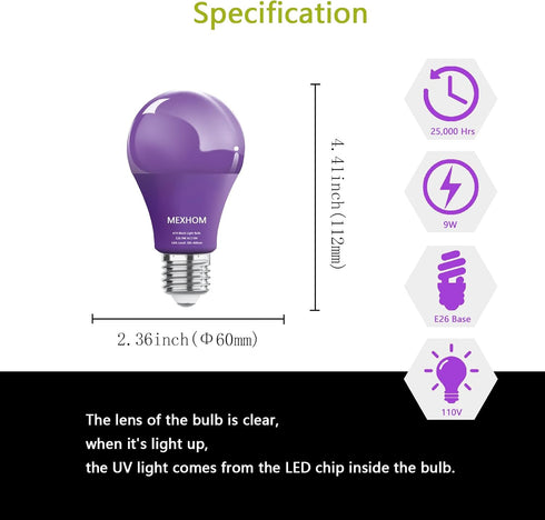 4 Pack A19 LED Black Light Bulbs,9W (100W Equivalent) E26 Base Dimmable Black Lights, UVA Level 385-400NM, Halloween Light Bulbs?Glow in The Dark?...