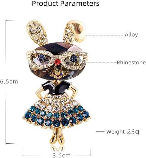 Rhinestone Lady Rabbit Brooch Pin for Women Girls Fashion Crystal Bunny Animal Brooches Lapel Pins Dainty Cute Christmas Graduation Honors Day Eas...