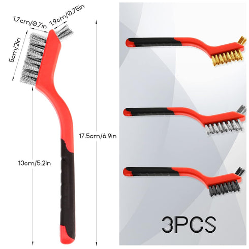 Wire Brush Set, 3 Pcs Stainless Steel/Brass/Nylon Wire Brushes for Cleaning with Curved Handle Grip for Rust Removal, Dirt, Paint Scrubbing(Red)...