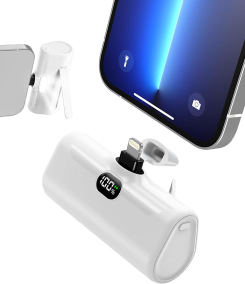 White Small Battery Charger for iPhone, Mini Portable Charger with Builtin Metal Stand, 5000mAh Ultra-Compact Power Bank?100%-0%? Digital Display ...
