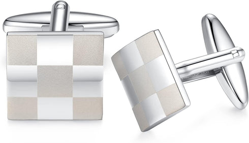 HONEY BEAR Square Lattice Cufflinks for Mens Shirt Steel Wedding Gift Silver...