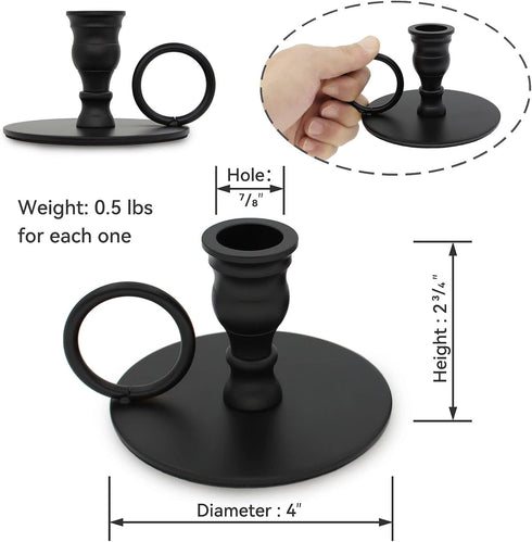 Taper Candle Holders for Candlesticks with Handle, Matte Black Wrought Iron Metal Candle Stick Holders for 7/8" Candles, Set of 2...