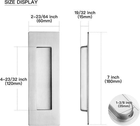 Ravinte 1 Pack Brushed Nickel Sliding Closet Door Handles Silver Flush Pulls 7in Length Recessed Finger Pulls for Sliding Barn Door Sqaure Cabinet...