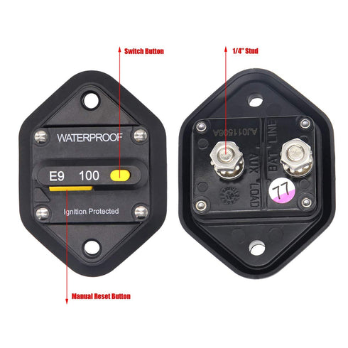 Hi-Amp 100 Amp Circuit Breaker with Manual Reset for Car Audio RV Truck Boat Marine, DC 12V - 48V | Waterproof IP67 Protection 100A Panel Mount...
