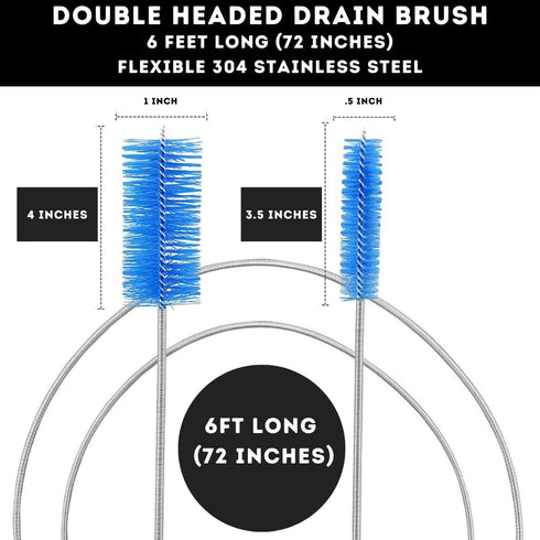 Flexible Drain Cleaner Brush (72" Long) for Clogs, Drains, Bottles, Pipes, Bathtub, Shower, Kitchen and Bathroom Sink, Heavy-Duty Double Ended Nyl...