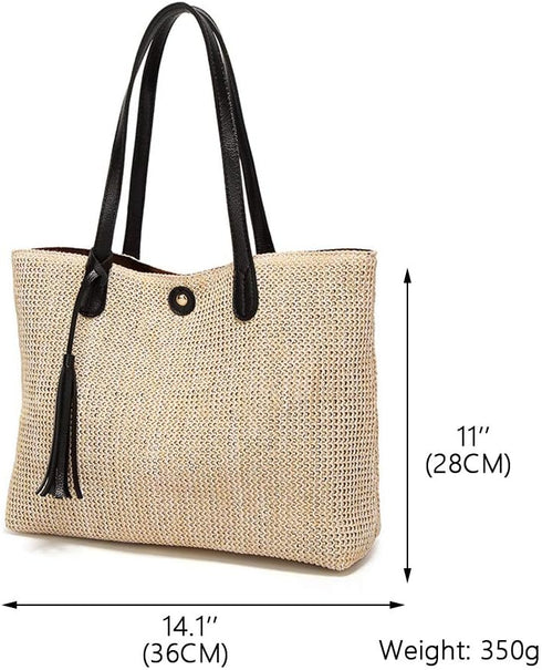 Women Straw Summer Beach Bag Handwoven Big Tote Leather Shoulder Handbag with Tassel Decorate...