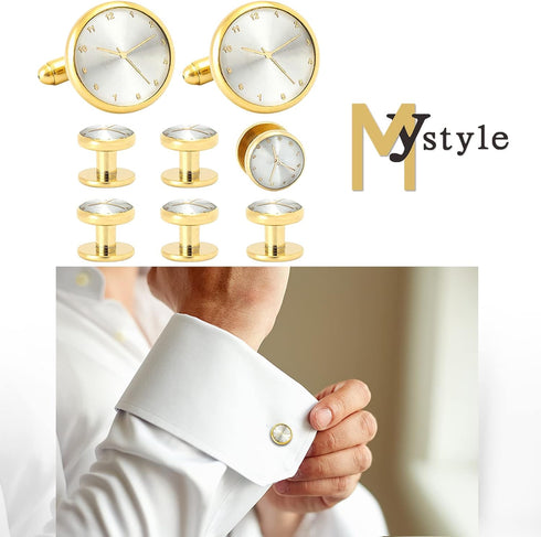 8pcs Mens Womens Cuff Links and Studs Set, Silver Black/Creative Clock Pattern Tuxedo Shirt CuffLinks for Valentines Day Business Wedding...
