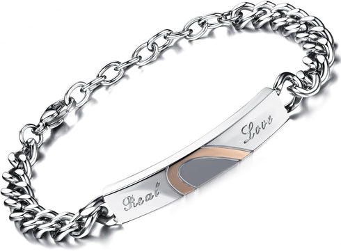 Flongo Men's Womens 2PCS Real Love Stainless Steel Couples Matching Heart Link Wrist Valentine Love Engagement Promise Gift Bracelet...