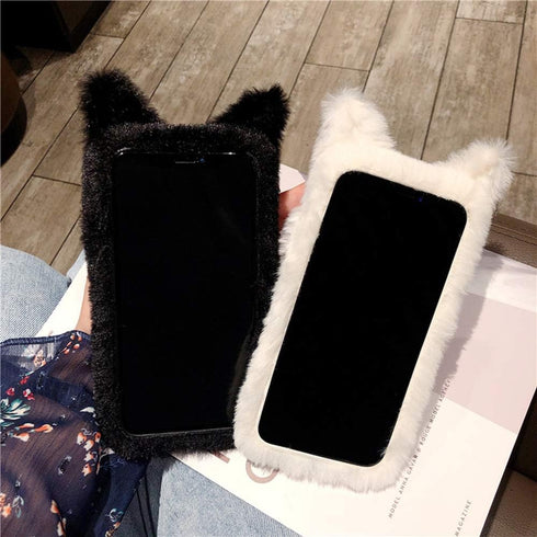 SGVAHY Furry Case for iPhone 7/8/SE2/SE3 Cute Cat Black Fur Fluffy Soft Warm Plush Fuzzy with Bling Glitter Protective Case for Women Girls...