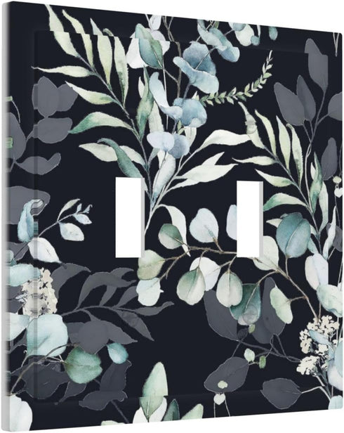 Decorative Switch Plate Covers Boho Black Grey Eucalyptus Leaf Floral 2 Gang Double Toggle Light Switch Cover Electric Wall Plate Dual Device Elec...