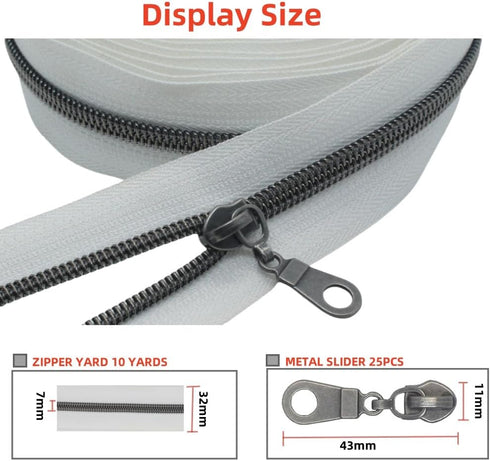 MebuZip #5 Gunmetal Metallic Nylon Coil Zippers by The Yard Bulk Coil Zipper Roll 10 Yards with 25pcs Pulls for DIY Sewing Craft Bags (White)...