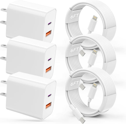 USB C Charger iPhone Charger Fast Charging 3Pack 20W PD+QC3.0 USB A Dual Port Wall Charger Block with 6FT USB C to Lightning Cable Compatible with...