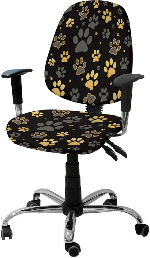 Computer Office Chair Cover Yellow Paw Print Black Background Protective & Stretchable Desk Chair Covers Soft Polyester Universal Rotating Chair S...