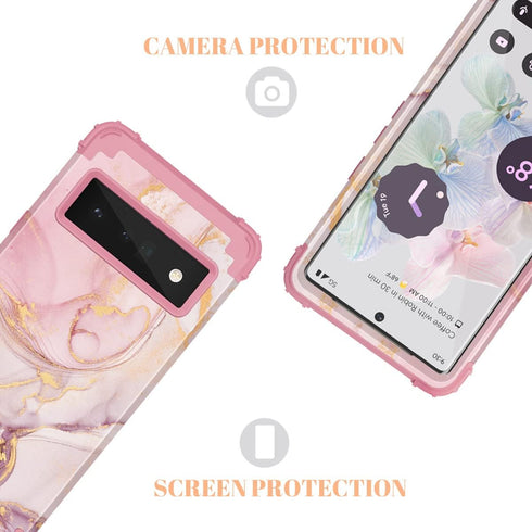 for Pixel 6 Pro Case,Google Pixel 6 Pro Case, Marble Rose Gold Women 3 in 1 Hard PC Soft Silicone Protective Rugged Bumper Heavy Duty Hybrid Shock...