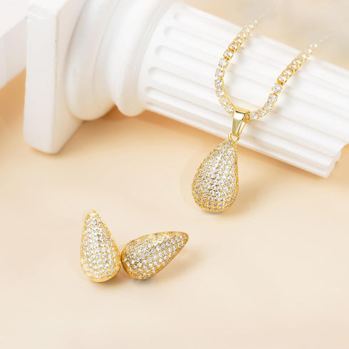 HZMAN Teardrop Earrings Necklace Jewelry Set for Women Bride Dainty 18K Gold White Plated Cubic Zirconia Stud Tearsdrop Earring Wedding Party Jewe...