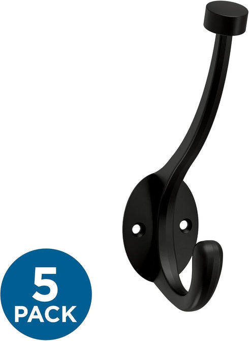 Franklin Brass Pilltop (5-Pack) Coat and Hat Wall Hooks Double Hooks for Hanging Matte Black Wall Mount Hanger Backpack, Purse, Bag, Towel Organiz...