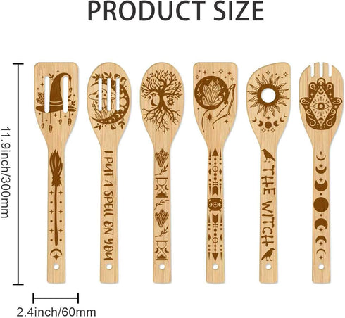 GLOBLELAND 6Pcs Magic Divination Bamboo Cooking Utensils Wooden Engraved Cooking Spoons Set Carving Kitchen Bamboo Spatula Set Wood Cooking Spoon ...